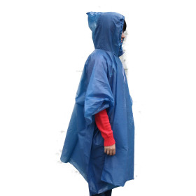 1 x Regenponcho mit Kaputze und Kordelzug blau